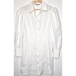 Womens Shirt Dress Medium White Pleated Button Up Cotton Minimalist Puff Sleeve